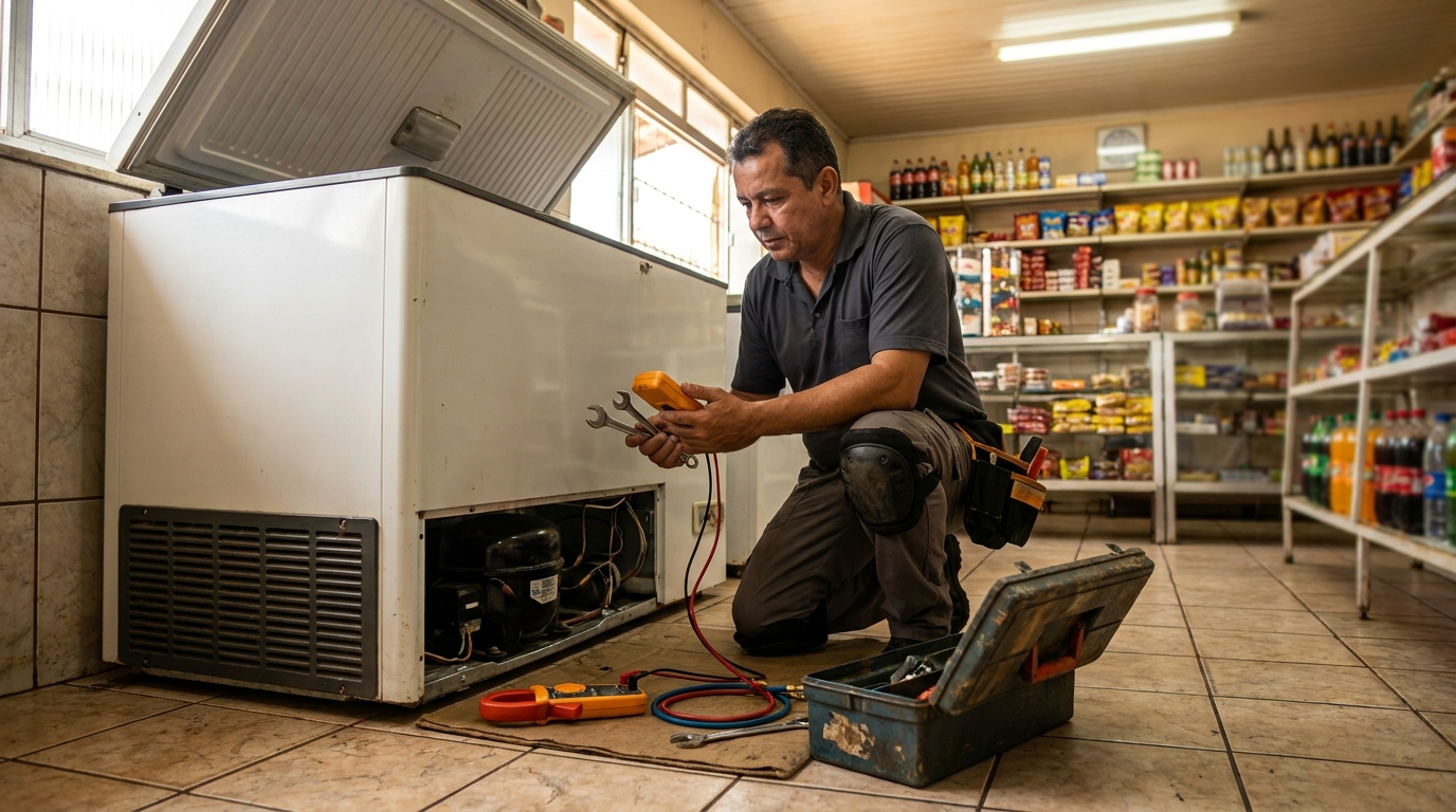 Técnico realizando manutenção de motor de freezer em Bauru‑SP