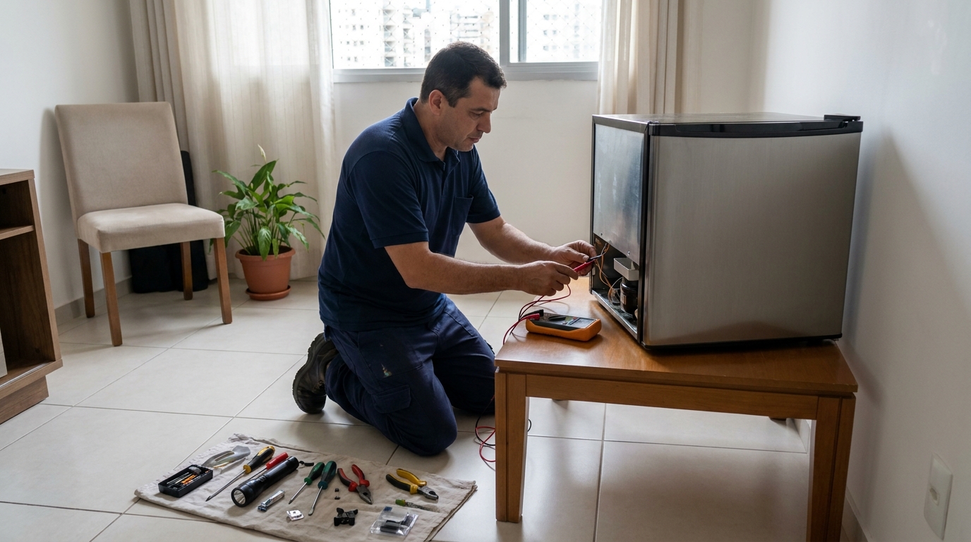 Técnico de conserto de frigobar em residência em Bauru‑SP