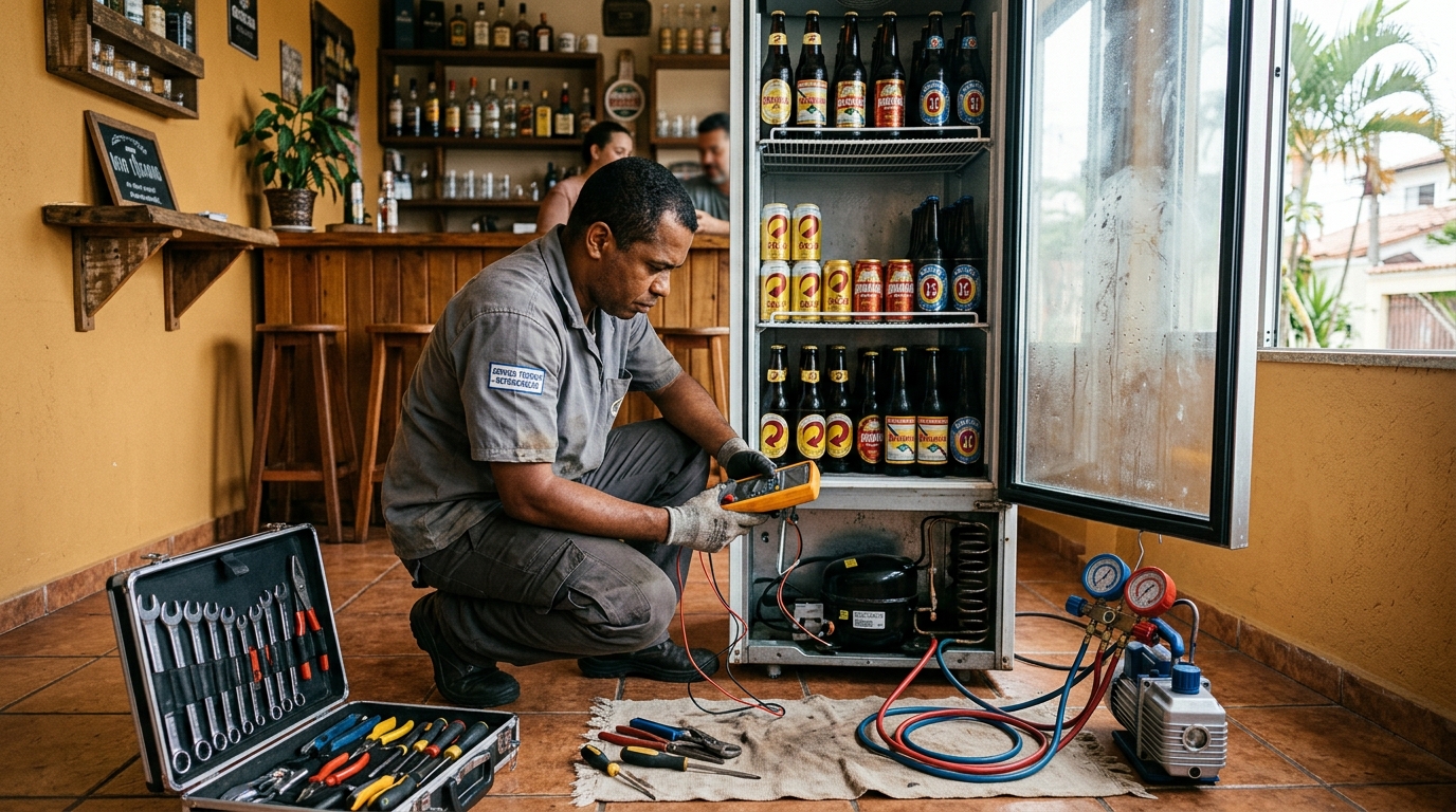 Troca de termostato de cervejeira em atendimento técnico em Bauru‑SP