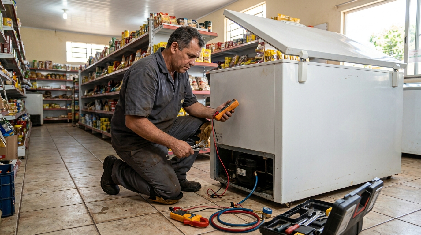 Troca de termostato de freezer em atendimento técnico em Bauru‑SP